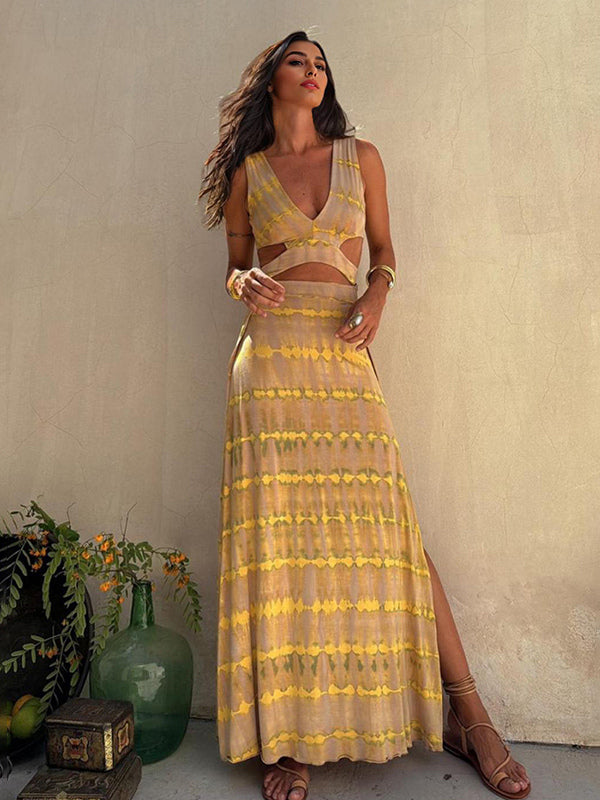 Tie Dye Maxi Dress for Women - Boho Cut Out V Neck High Slit Flowy Sleeveless Sundress - Summer Beach Vacation 2026