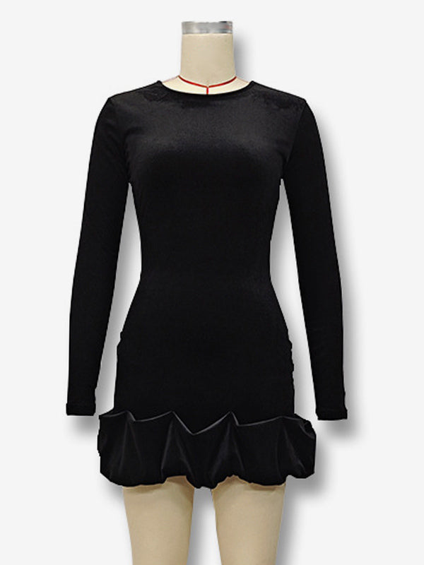 Elegant Velvet Mini Dress With Ruffle Hem Long Sleeve Bodycon Dress For Women 2026