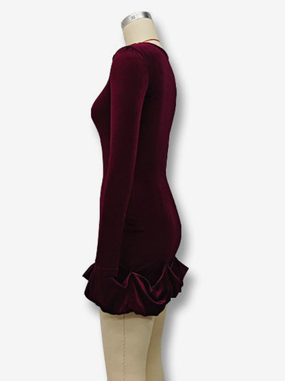Elegant Velvet Mini Dress With Ruffle Hem Long Sleeve Bodycon Dress For Women 2026