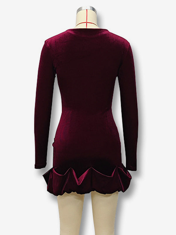 Elegant Velvet Mini Dress With Ruffle Hem Long Sleeve Bodycon Dress For Women 2026