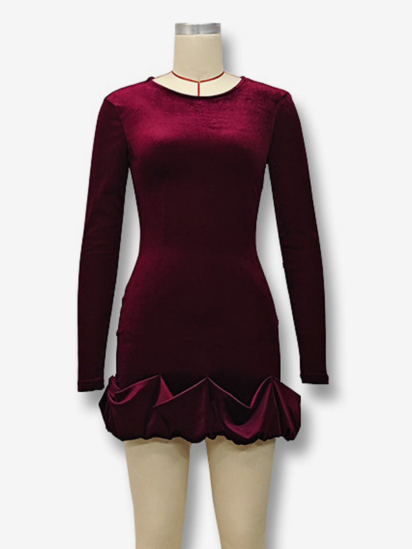 Elegant Velvet Mini Dress With Ruffle Hem Long Sleeve Bodycon Dress For Women 2026