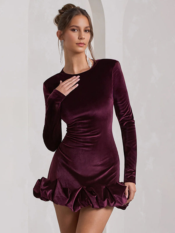 Elegant Velvet Mini Dress With Ruffle Hem Long Sleeve Bodycon Dress For Women 2026