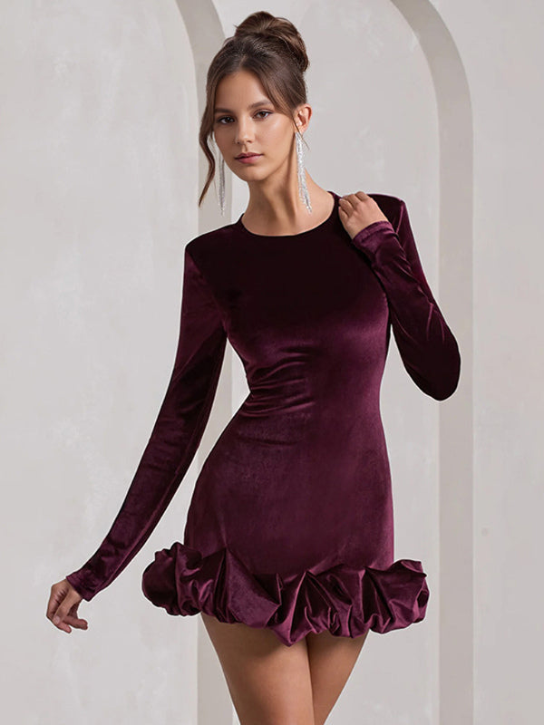 Elegant Velvet Mini Dress With Ruffle Hem Long Sleeve Bodycon Dress For Women 2026