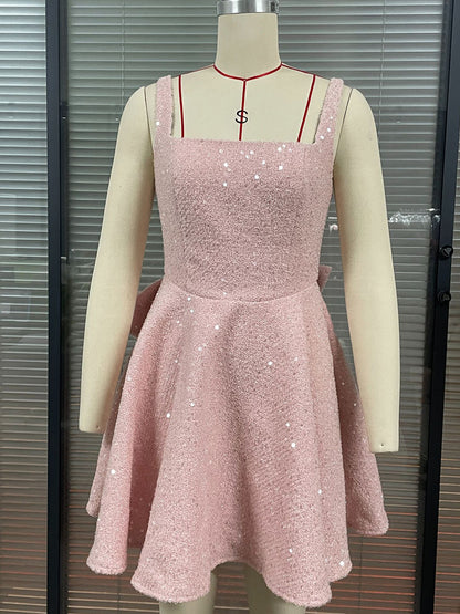 Sequin Mini Dress With Bow Back Square Neck A-Line Birthday Party Dress For Women 2026