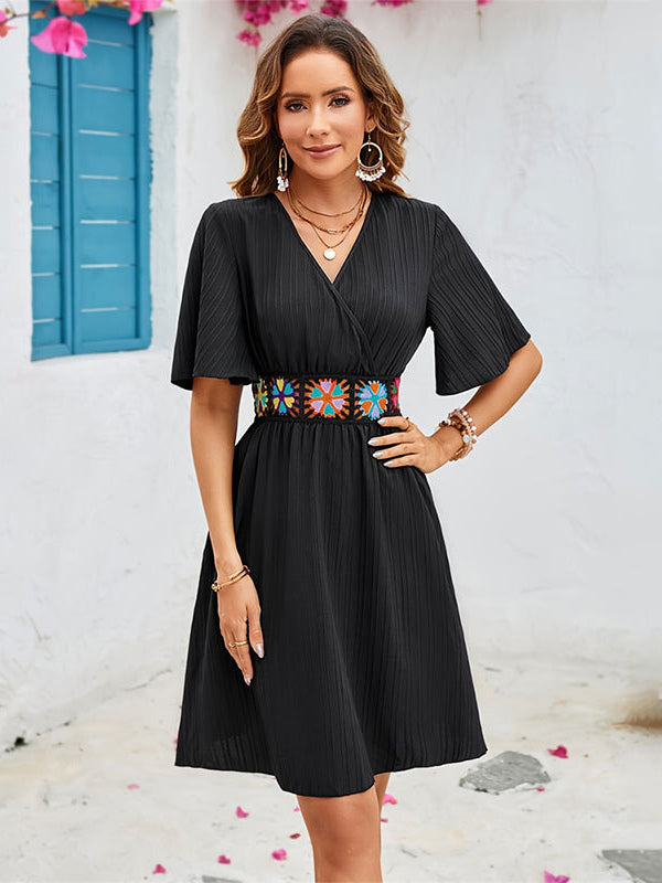 Boho Wrap Style Midi Dress for Women - Black V Neck Flutter Sleeve Embroidered Skater Sundress - Summer Beach 2026