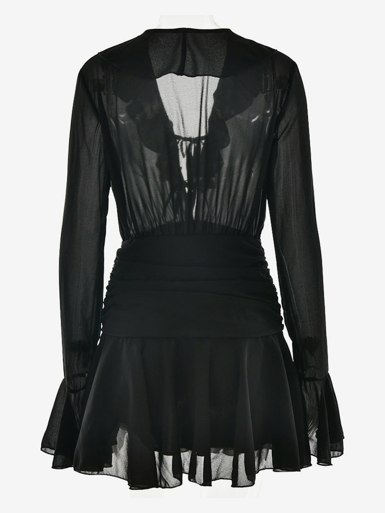 Mini Dress With Tie Front V-neck Long Sleeve Ruched Waist Skater Dress For Women 2026
