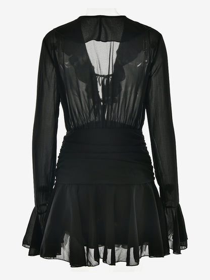 Mini Dress With Tie Front V-neck Long Sleeve Ruched Waist Skater Dress For Women 2026
