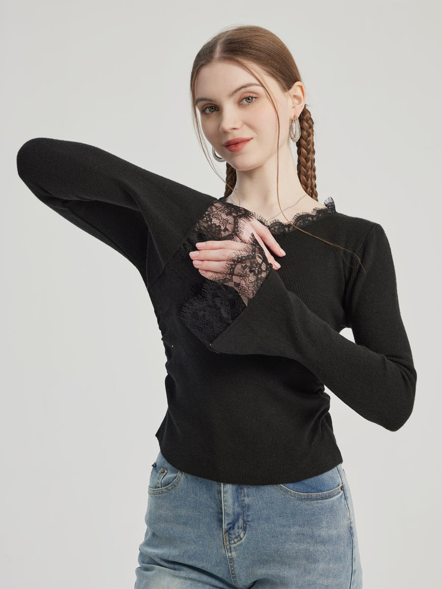 Black Basic T-shirt With Lace Decoration Crew Neck Spring Top For Women 2026