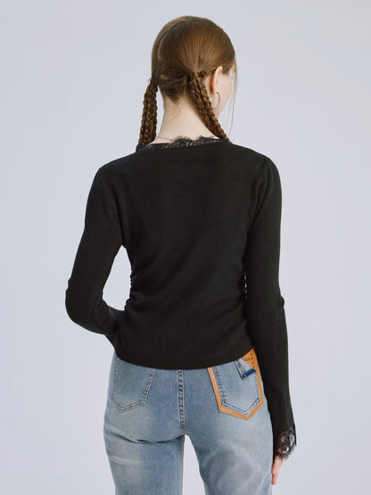 Black Basic T-shirt With Lace Decoration Crew Neck Spring Top For Women 2026
