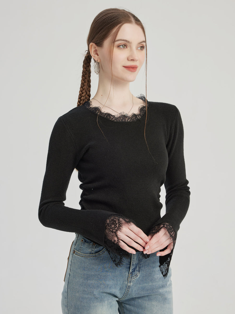 Black Basic T-shirt With Lace Decoration Crew Neck Spring Top For Women 2026