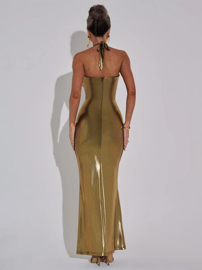 Metallic Gold Maxi Dress With Open Back Party Halter Bodycon Dress For Women 2026