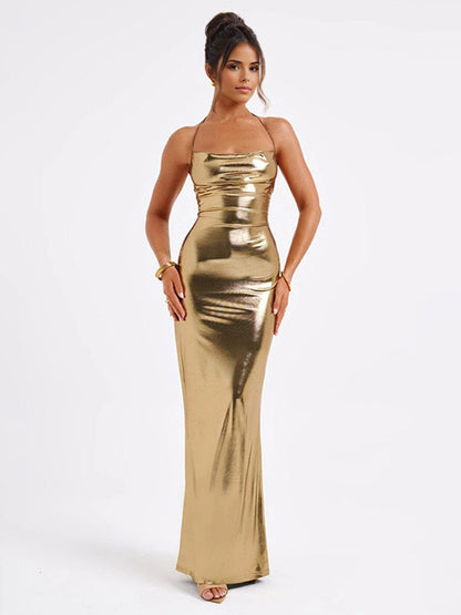 Metallic Gold Maxi Dress With Open Back Party Bodycon Halter Dress Dress For Women 2026