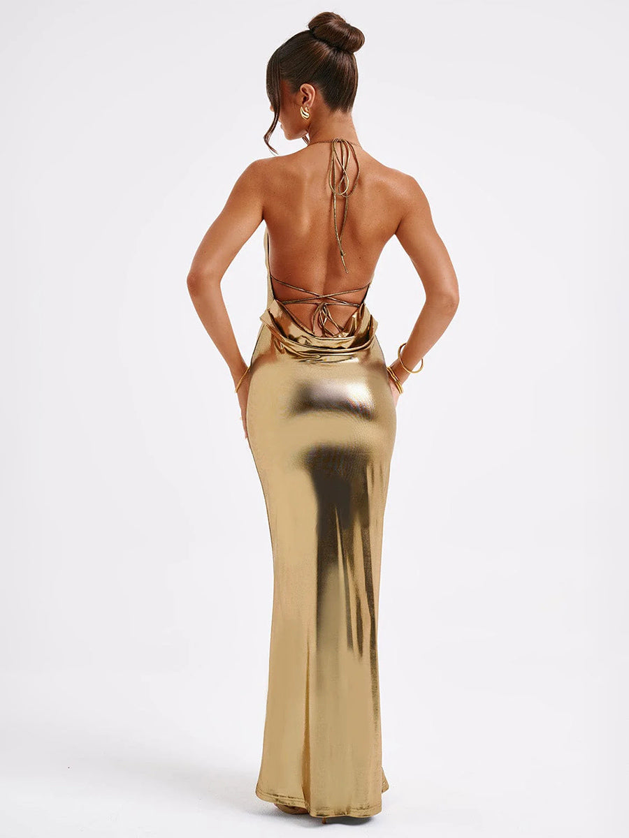 Metallic Gold Maxi Dress With Open Back Party Bodycon Halter Dress Dress For Women 2026