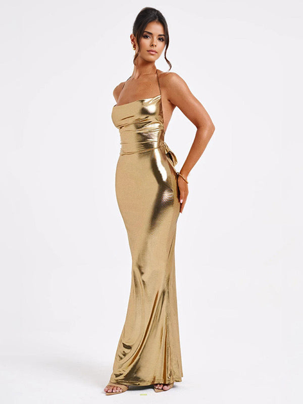 Metallic Gold Maxi Dress With Open Back Party Bodycon Halter Dress Dress For Women 2026