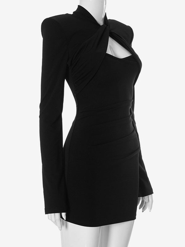 Black Cutout Bodycon Dress Padded Shoulder Long Sleeves Mini Dress For Women 2026