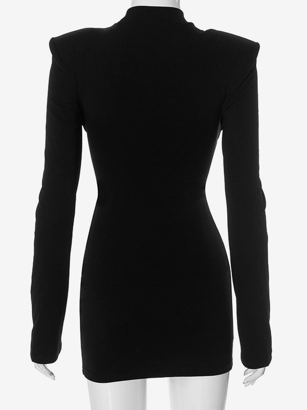 Black Cutout Bodycon Dress Padded Shoulder Long Sleeves Mini Dress For Women 2026