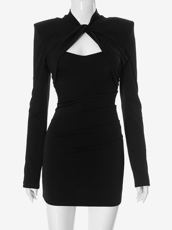 Black Cutout Bodycon Dress Padded Shoulder Long Sleeves Mini Dress For Women 2026