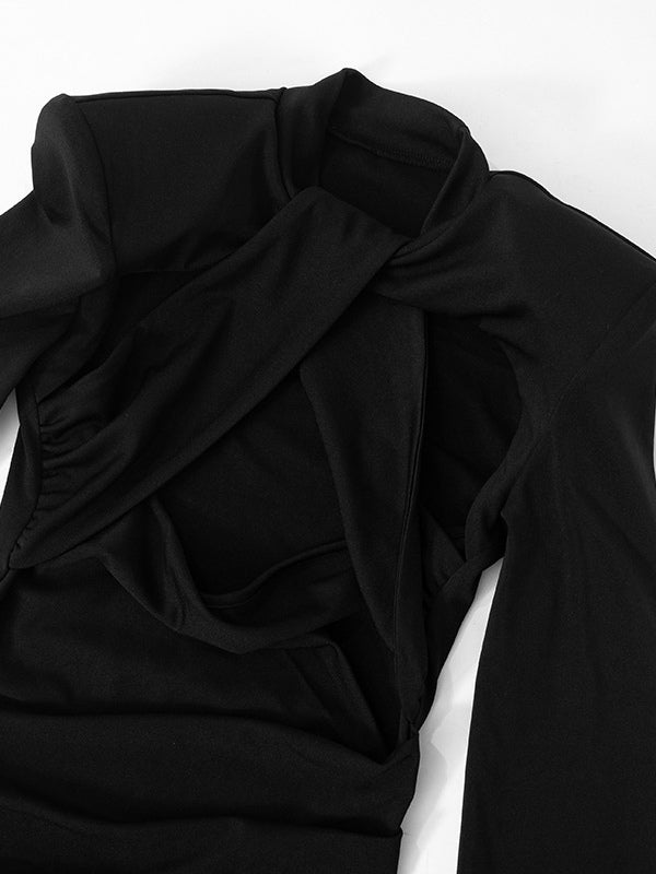 Black Cutout Bodycon Dress Padded Shoulder Long Sleeves Mini Dress For Women 2026