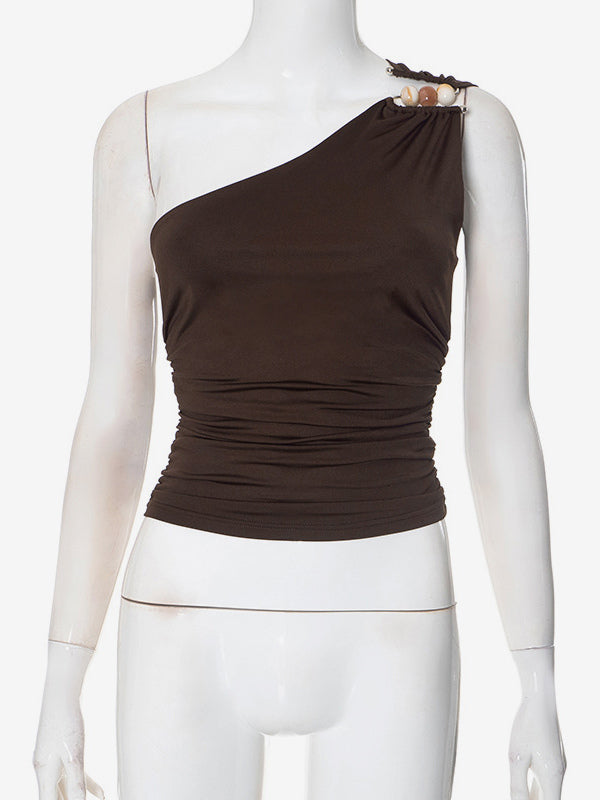 Brown One-Shoulder Top Sexy Ruched Summer Tanks Top For Women 2026