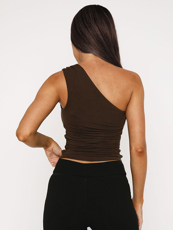 Brown One-Shoulder Top Sexy Ruched Summer Tanks Top For Women 2026