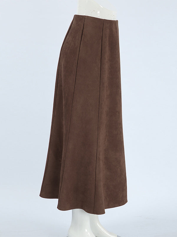 Elegant Brown Suede A-Line Maxi Skirt For Women 2026