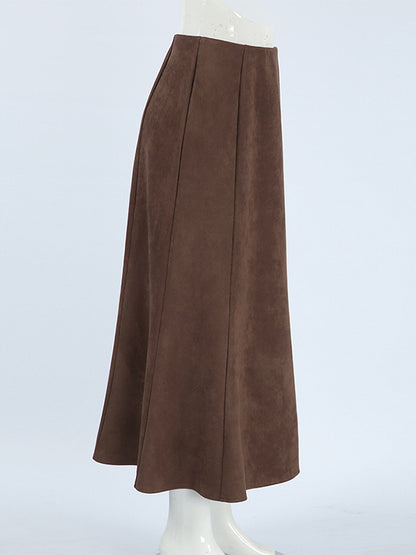 Elegant Brown Suede A-Line Maxi Skirt For Women 2026