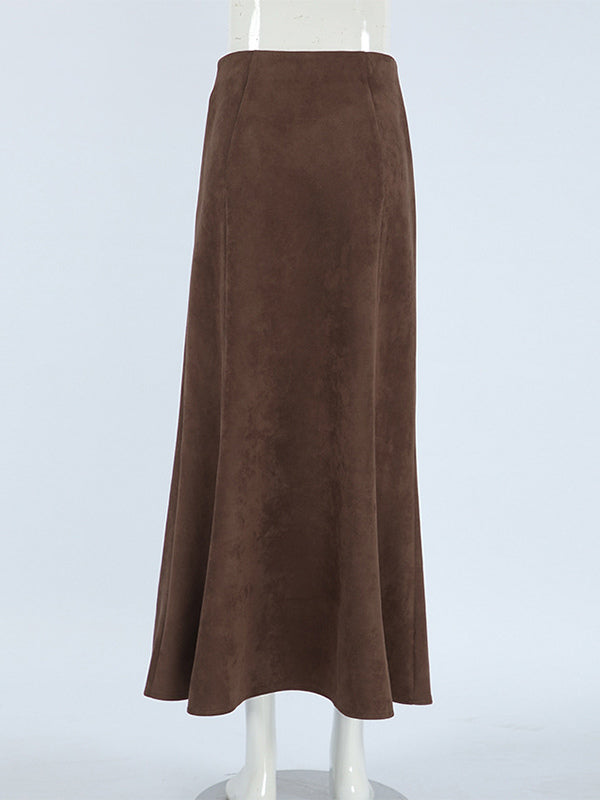 Elegant Brown Suede A-Line Maxi Skirt For Women 2026
