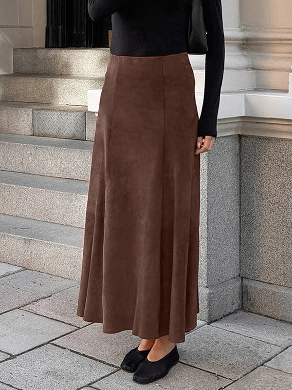 Elegant Brown Suede A-Line Maxi Skirt For Women 2026