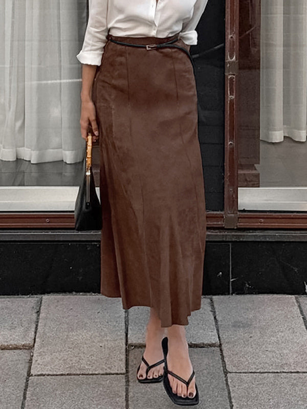 Elegant Brown Suede A-Line Maxi Skirt For Women 2026
