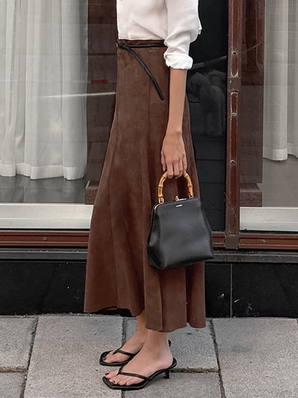 Elegant Brown Suede A-Line Maxi Skirt For Women 2026