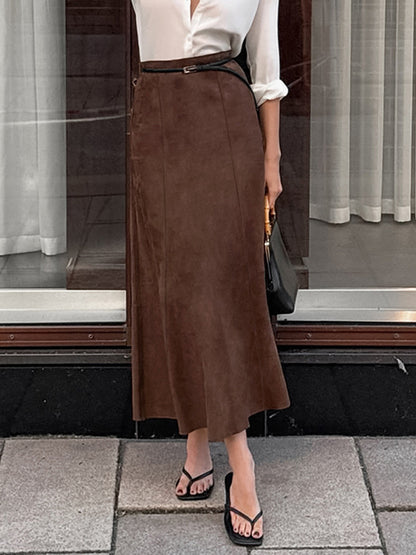 Elegant Brown Suede A-Line Maxi Skirt For Women 2026