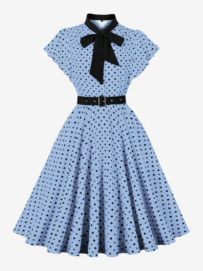 Polka Dot Shirt Dress With Tie And Belt Flutter Sleeve Vintage Midi Dress For Women 2026