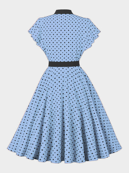 Polka Dot Shirt Dress With Tie And Belt Flutter Sleeve Vintage Midi Dress For Women 2026