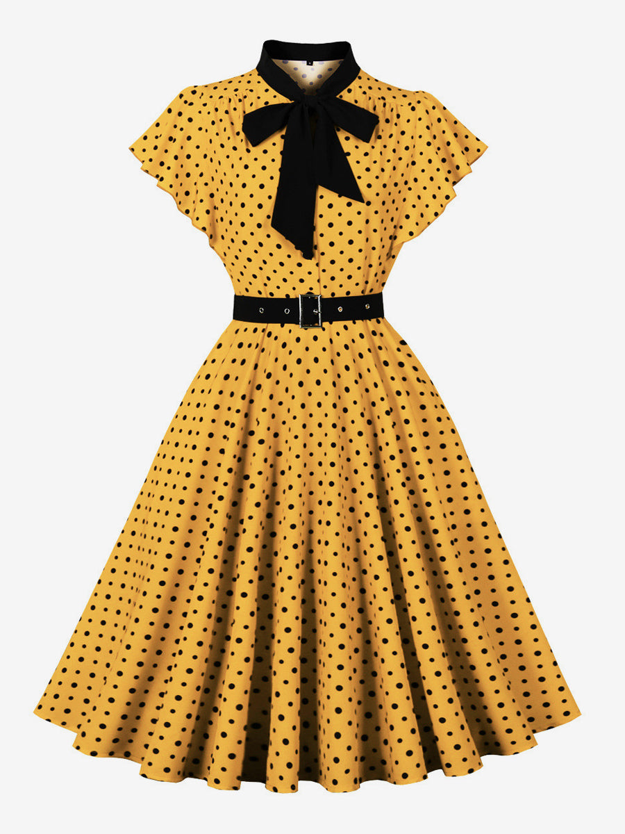 Polka Dot Shirt Dress With Tie And Belt Flutter Sleeve Vintage Midi Dress For Women 2026