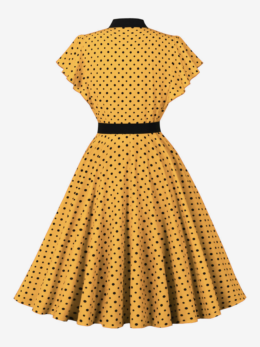 Polka Dot Shirt Dress With Tie And Belt Flutter Sleeve Vintage Midi Dress For Women 2026