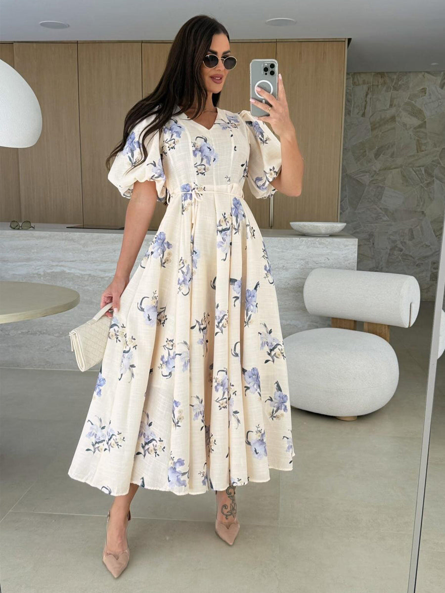 Floral Print Long Dress With Puff Sleeves For Women 2026