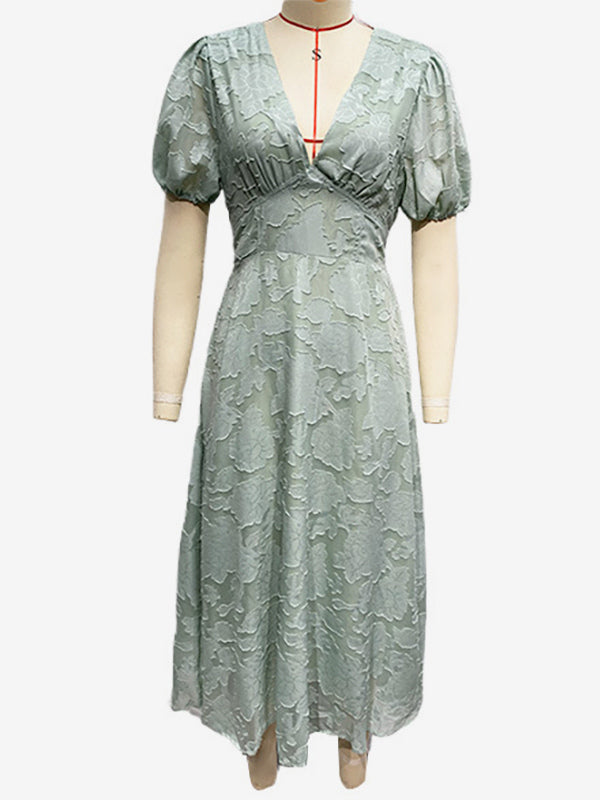 Floral Midi Dress With V-Neck And Puffy Sleeves For Women 2026