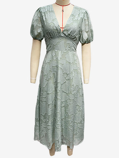 Floral Midi Dress With V-Neck And Puffy Sleeves For Women 2026