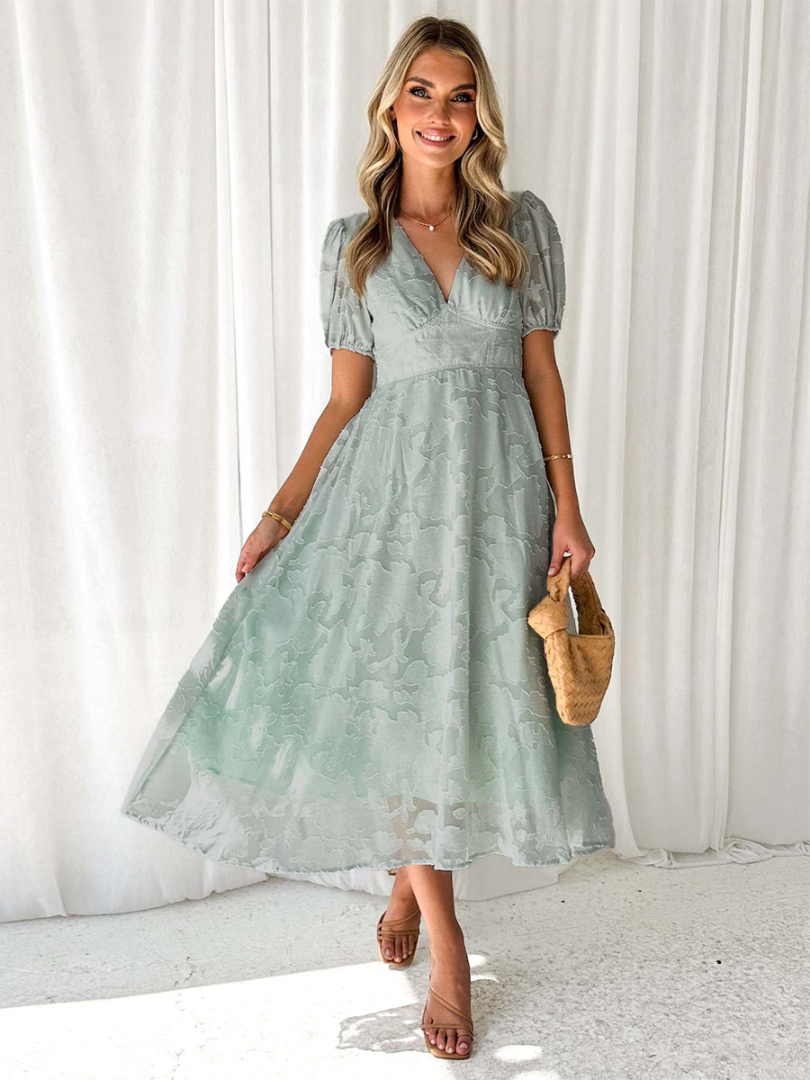 Floral Midi Dress With V-Neck And Puffy Sleeves For Women 2026