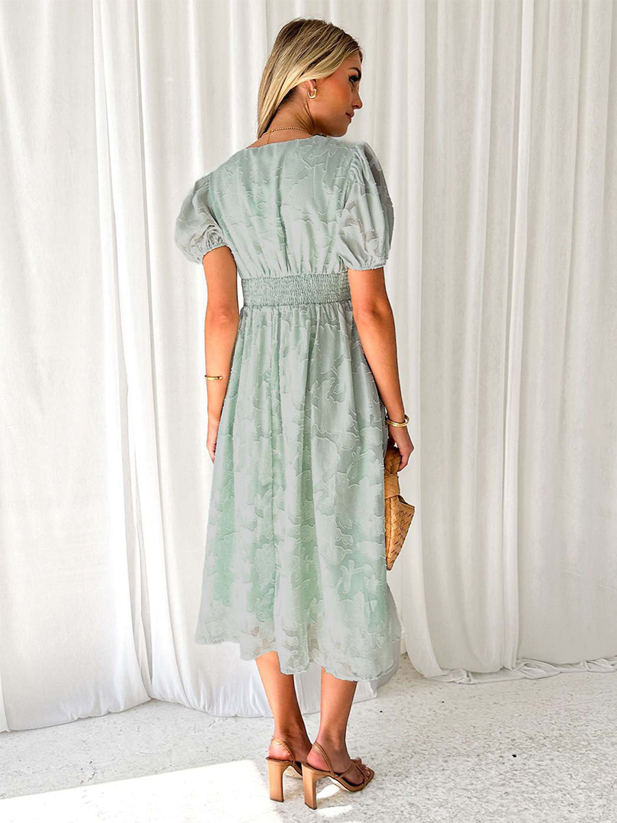 Floral Midi Dress With V-Neck And Puffy Sleeves For Women 2026