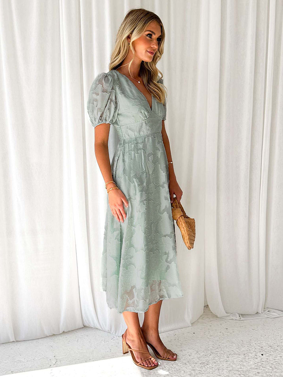 Floral Midi Dress With V-Neck And Puffy Sleeves For Women 2026