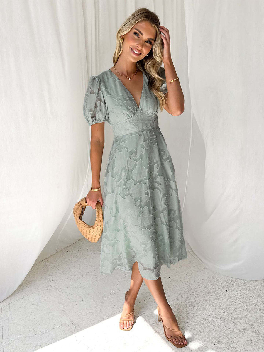 Floral Midi Dress With V-Neck And Puffy Sleeves For Women 2026