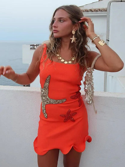 Starfish Sequin Mini Dress for Women - Sexy Sleeveless Scoop Neck Slim Fit Sheath Sundress - Summer Beach Resort 2026