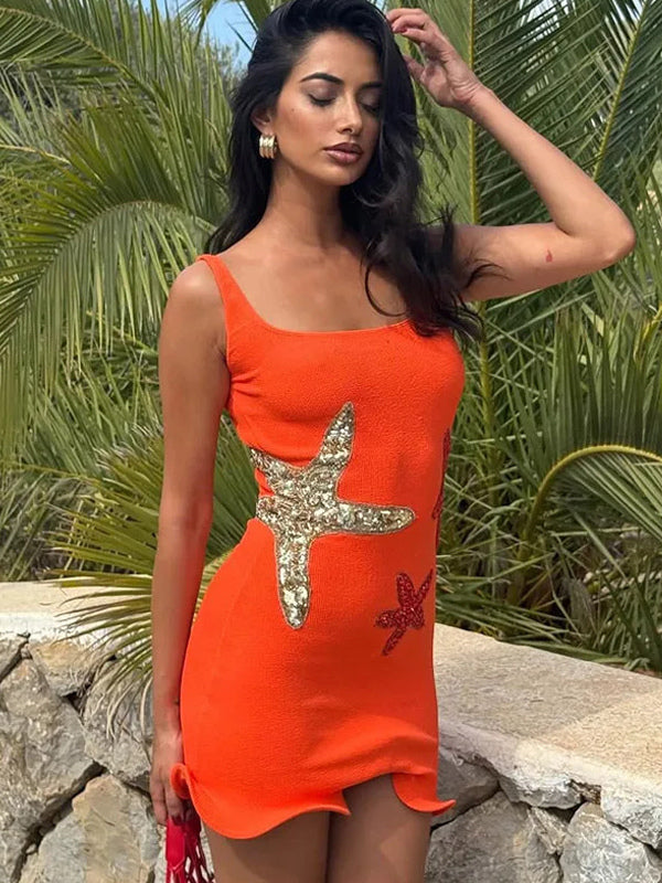 Starfish Sequin Mini Dress for Women - Sexy Sleeveless Scoop Neck Slim Fit Sheath Sundress - Summer Beach Resort 2026