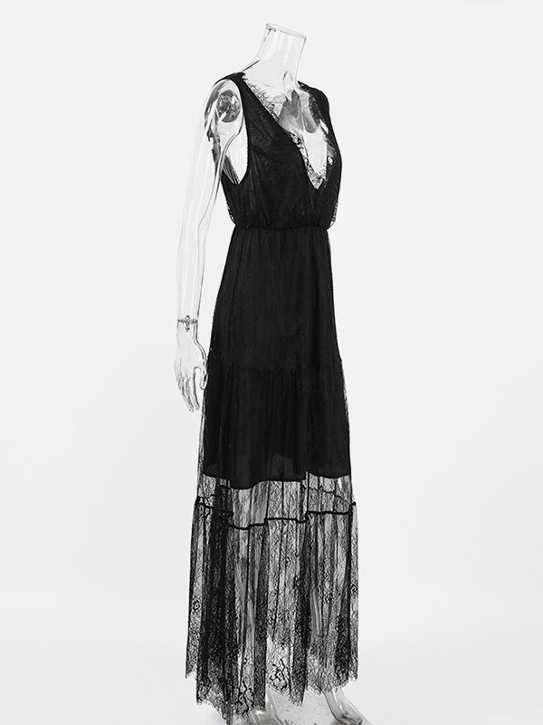 Eyelash Trim Lace Maxi Dress for Women - Sexy Deep V Neck Sleeveless Sheer Tiered Sundress - Summer Beach Party 2026