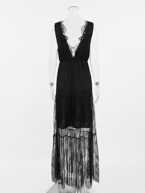 Eyelash Trim Lace Maxi Dress for Women - Sexy Deep V Neck Sleeveless Sheer Tiered Sundress - Summer Beach Party 2026