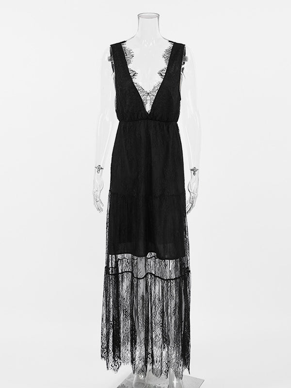 Eyelash Trim Lace Maxi Dress for Women - Sexy Deep V Neck Sleeveless Sheer Tiered Sundress - Summer Beach Party 2026