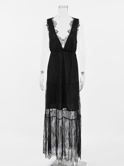 Eyelash Trim Lace Maxi Dress for Women - Sexy Deep V Neck Sleeveless Sheer Tiered Sundress - Summer Beach Party 2026