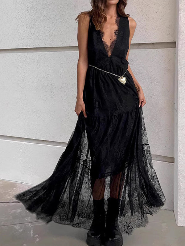 Eyelash Trim Lace Maxi Dress for Women - Sexy Deep V Neck Sleeveless Sheer Tiered Sundress - Summer Beach Party 2026