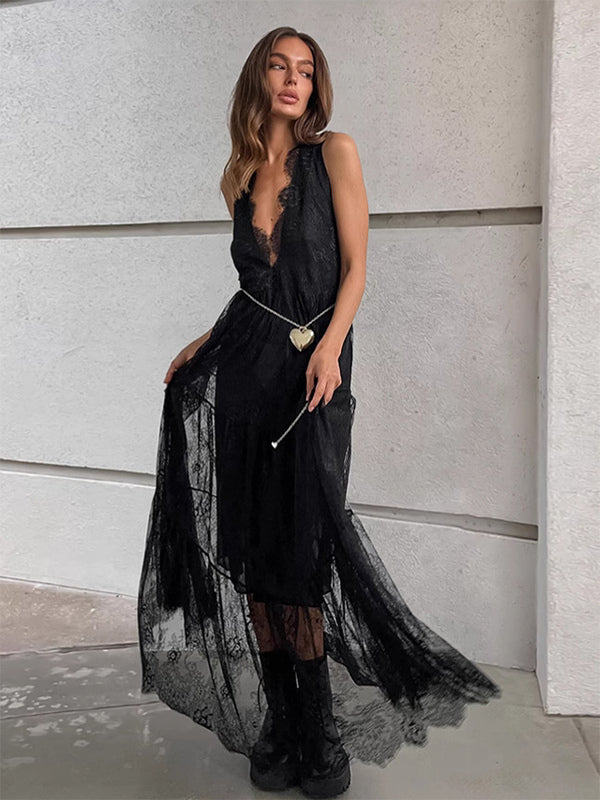 Eyelash Trim Lace Maxi Dress for Women - Sexy Deep V Neck Sleeveless Sheer Tiered Sundress - Summer Beach Party 2026